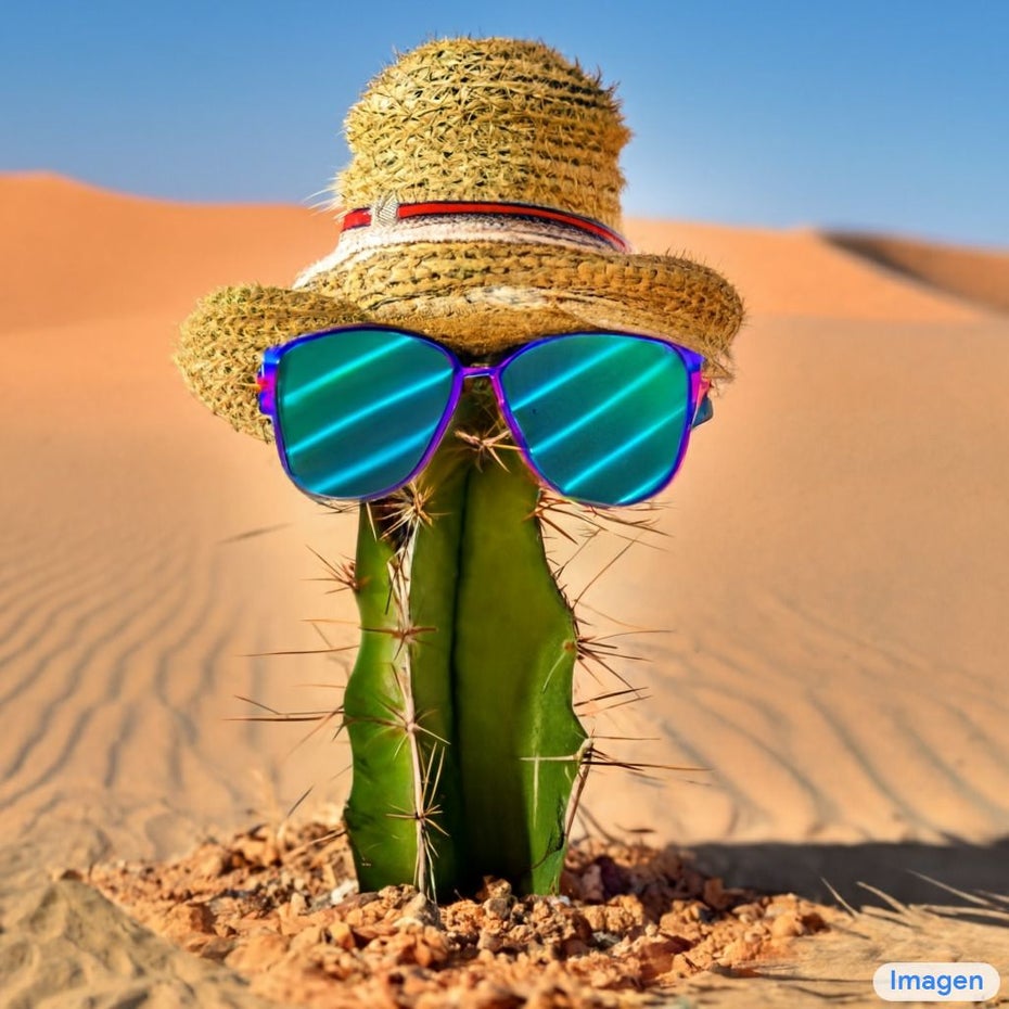 So sieht das Bild aus, das Google Imagen aus den Worten „Ein kleiner Kaktus mit Strohhut und Neon-Sonnenbrille in der Wüste Sahara“ generiert hat.