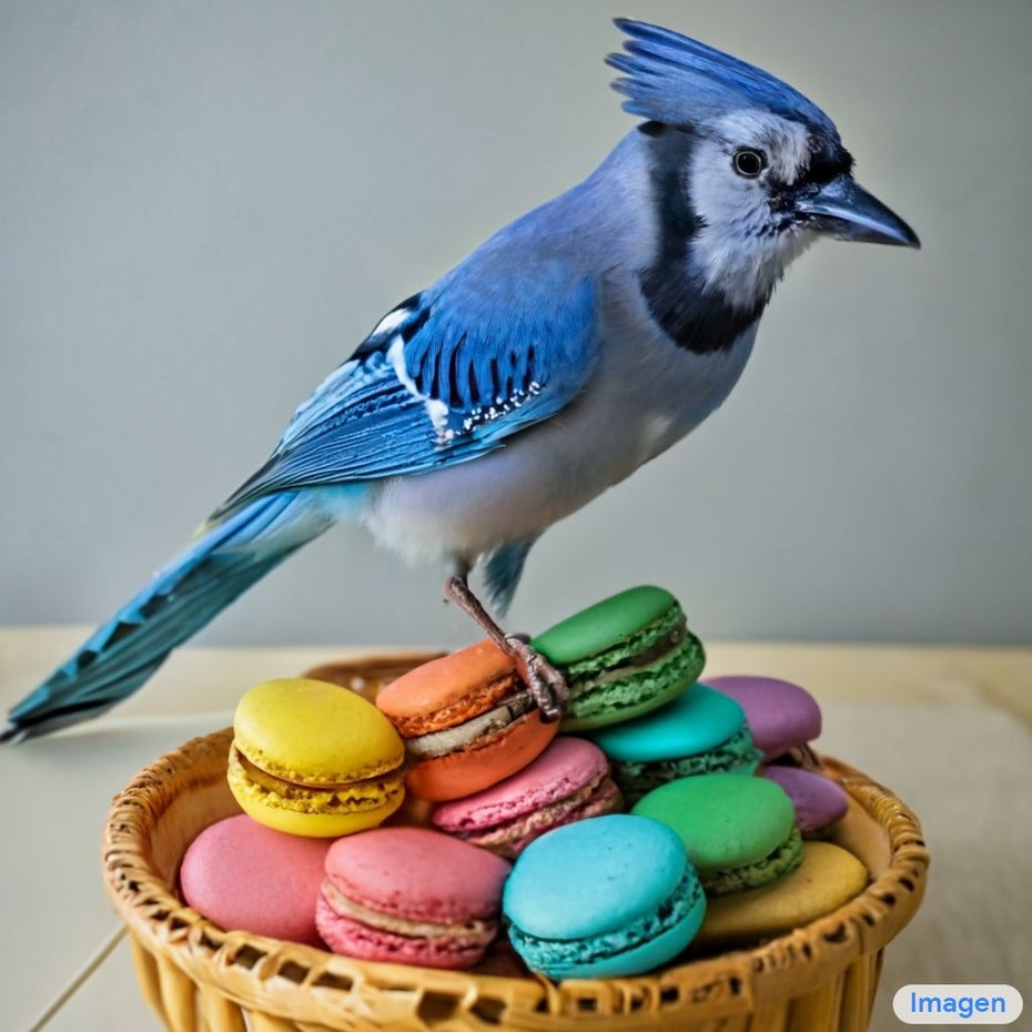 Hier sieht man einen „einen blauen Häher, der auf einem großen Korb mit Regenbogenmakronen steht.“ 