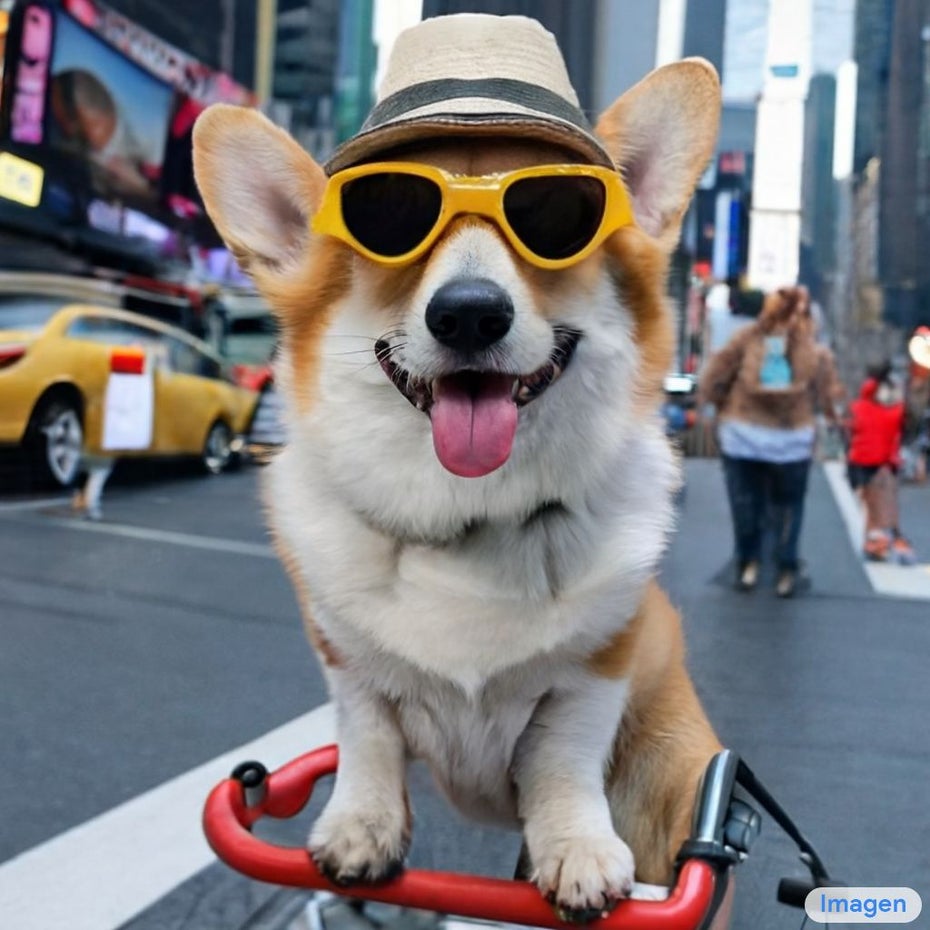Hier hat jhemand „ein Foto von einem Corgi, der ein Fahrrad auf dem Time Square fährt und dabei einen Sonnenhut und eine Sonnebrille trägt“ bei Google Imagen eingetragen und dieses Bild erhalten.